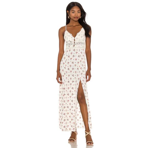FREE PEOPLE Intimately Cream Red Floral Lace Crochet Boho Maxi Slip Dress Small - Picture 1 of 10